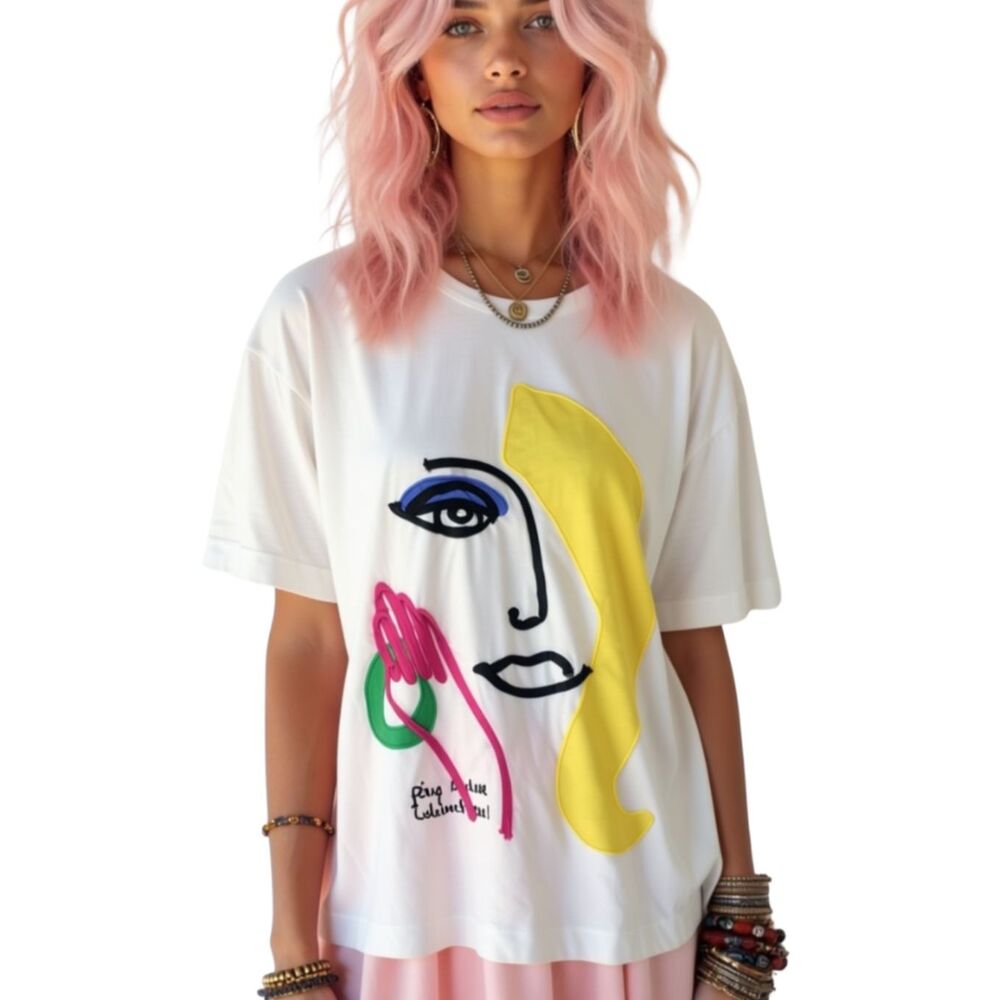 Zara White Embroider Patchwork  Face Design T-shirt Top Small
